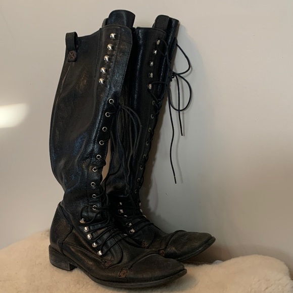 Charles David Knee High Tall Black Leather Lace-Up Boots 7 - Picture 7 of 13